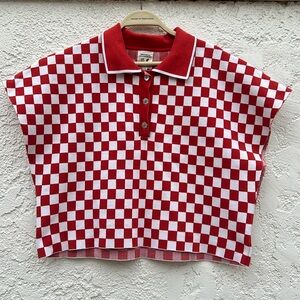 Fashion Brand Company Knit Checkerboard Cropped Collared Top L/XL
